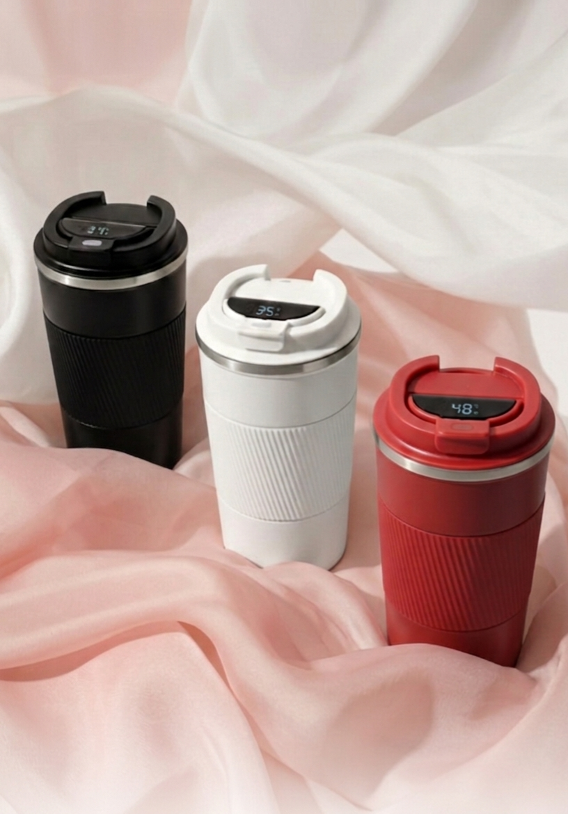 Smart Mug with LED display & rubber grip. Keeps drinks warm 6hrs, cold 12hrs. 380ml, available in black, white & red
