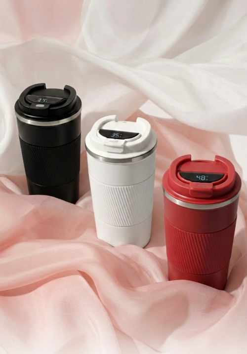 Smart Mug with LED display & rubber grip. Keeps drinks warm 6hrs, cold 12hrs. 380ml, available in black, white & red
