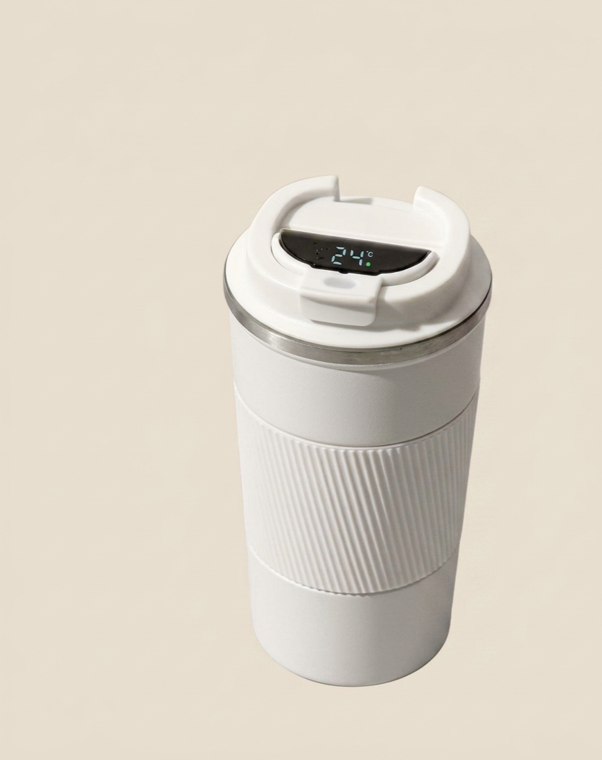 Smart Mug with LED display & rubber grip. Keeps drinks warm 6hrs, cold 12hrs. 380ml, available in black, white & red